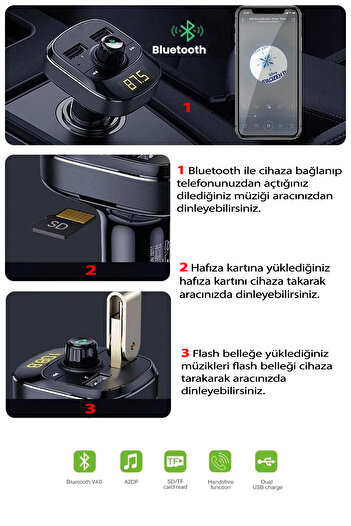 Factorial Bluetooth Araç Kiti Fm Transmitter Cihazı Oto Çakmaklık Şarj Soketi Araba