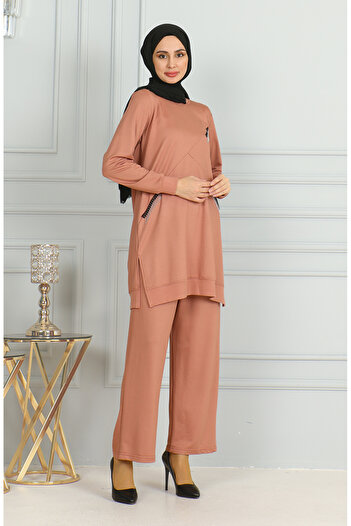 sefamerve 20042-08 Salmon Tunic and Trousers Double Set - Tassel Detailed