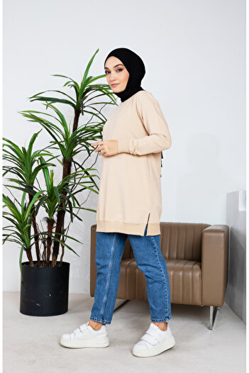 sefamerve Beige Sweatshirt - 9103-03, Slit Detail, Two Thread