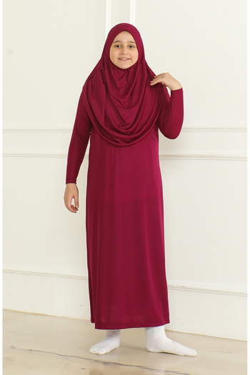 sefamerve One-Piece Practical Children's Prayer Dress with Headscarf 1985-05 Plum