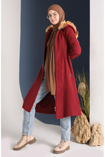 sefamerve Burgundy Fur Coated Coat - 612980 -03