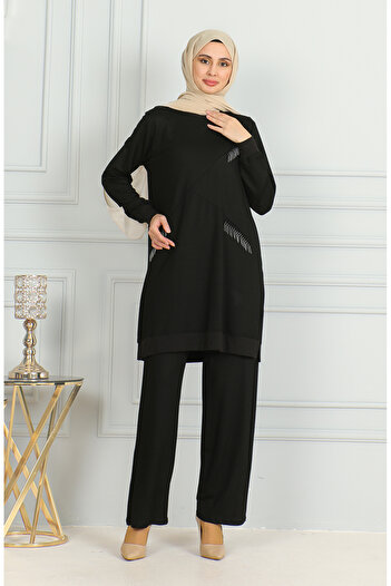 sefamerve Black Tunic and Trousers Double Set - Tassel Detailed 20042-02
