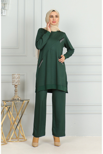 sefamerve Tassel Detailed Tunic Trousers Double Suit 20042-04 Emerald Green