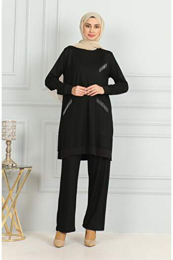 sefamerve Black Tunic and Trousers Double Set - Tassel Detailed 20042-02