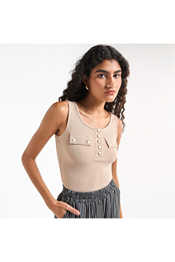 FAV Ribbed Tank Top with Round Neck and Flap Detail