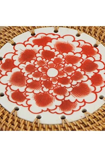 Mylamp Rattan Çerçeveli 16 cm. Kırmızı Bulut Desenli Dekoratif Obje