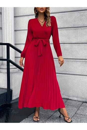 Kokosh moda Women's Pleat Detailed Belted Long Sleeve Imported Crepe Dress