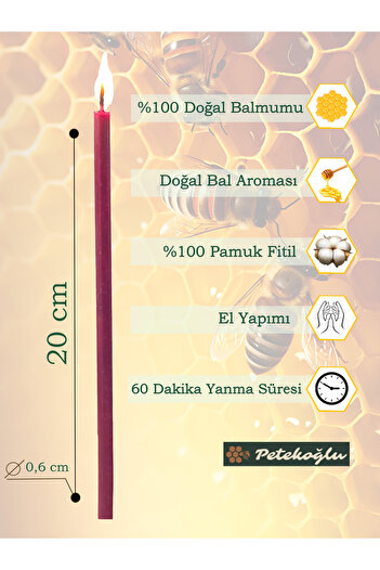 Petekoğlu (15 ADET BORDO) Balmumu Mum Dilek Mumu Doğal Petek Ince Uzun Parti Nişan Düğün Ritüel Doğum Günü Mum