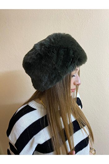 sema aksesuar Dark Green Furry Plush Heart Hat - Gift - Trend Winter Faux Fur Russian Heart Plush Hat