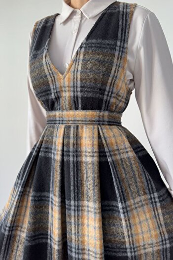 hrmonny Vintage Women's Modest Winter V-Neck Women's Rerto Wool Plaid Long Gilet Dress
