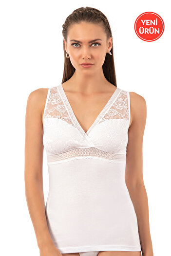 ÖZKAN underwear Özkan 25359 Women's Cotton Single Jersey Flexible Comfortable Soft V-Neck Lace Detailed Thick Strap Undershirt