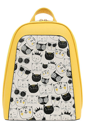 Dogo Women's Vegan Leather Yellow Backpack - Monochrome Cats Design