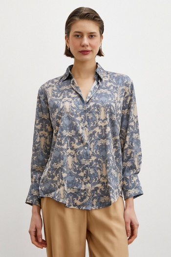 Never more Shawl Patterned V-Neck Shirt Turquoise