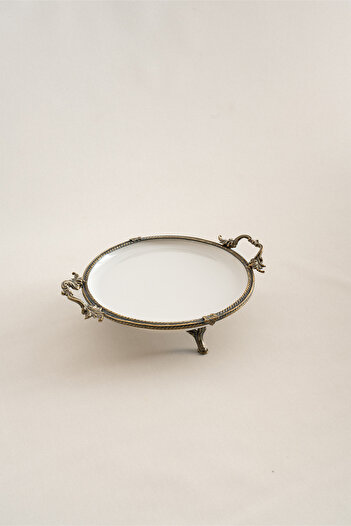 Nazik Home Sierra Antique Detailed Porcelain Presentation Holder with Handle Round (25 cm)