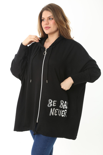 Şans Women's Large Size Black Front Leather Lacquer Printed Hooded Comfortable Cut Sweatshirt 65N37118
