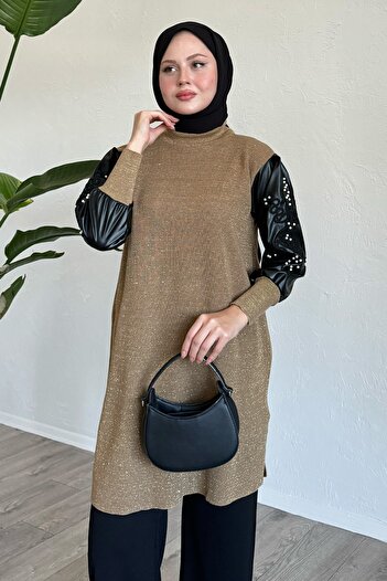 InStyle Leather Glittered Camel Knitwear Tunic with Sleeves