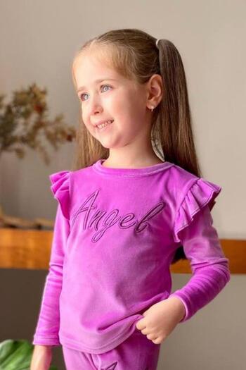 Riccotarz Girls Ruffle Detail Angel Lettering Embroidered Velvet Purple Tights Suit on the Shoulder