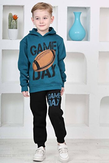 Riccotarz Boy's Top and Game Day Letter Printed Sweatshirt 3 Thread Navy Blue Tracksuit Set