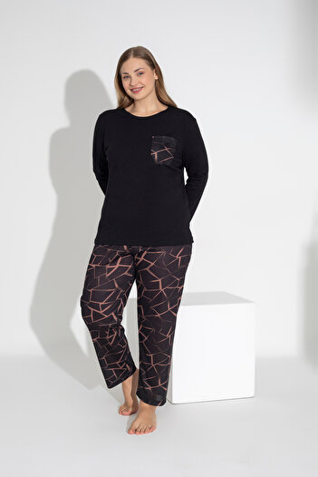 ModaLeaf Set pijama neagră cu mânecă lungă cu model geometric 109