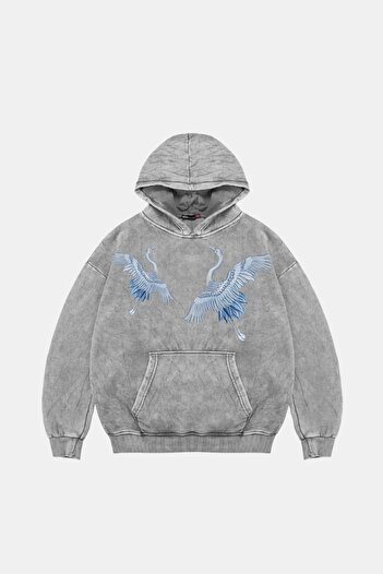 Bak Moda Синій журавель з принтом Oversize Unisex Premium праний білий худі