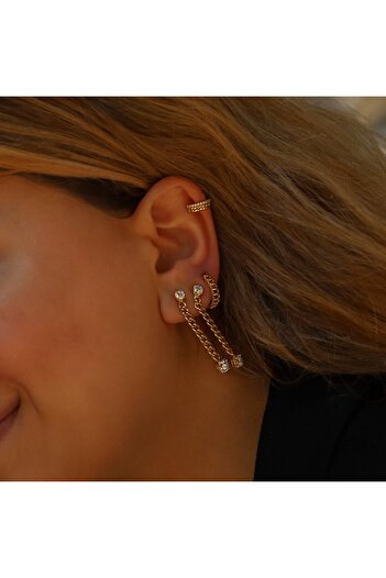 Diamond Line-Gülaylar 14 Ayar Sarı-beyaz Altın Earcuff Kıkırdak Küpe