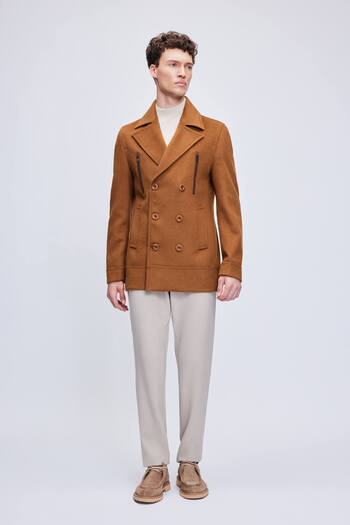 Hatemoğlu Camel Slim Fit Plain Double Breasted Wool Stamp Coat