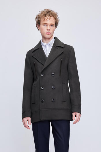 Hatemoğlu Khaki Slim Fit Plain Double Breasted Wool Stamp Coat