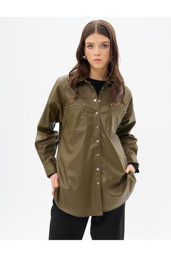 Kayra Khaki Faux Leather Snap Jacket