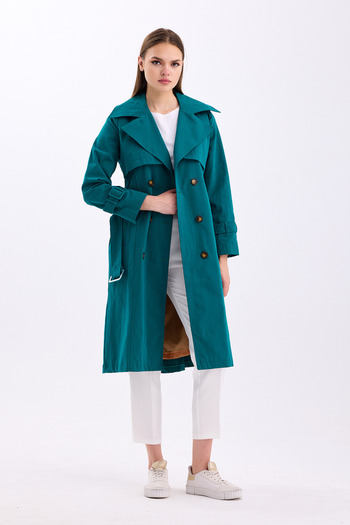 PASTELASTORE Emerald Green 100% Cotton Gabardine Long (110cm) Lined Belted Women's Trench Coat 1111