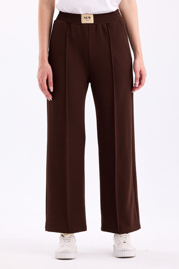 PASTELASTORE Brown Elastic Waist High Waist Wide Leg Palazzo Women's Casual Fabric Trousers 2373
