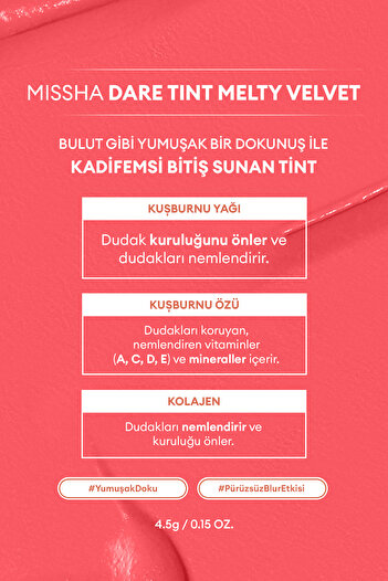Missha Uzun Süre Kalıcı, Bulaşma Yapmayan, Kadifemsi Bitiş Sunan Tint Dare Tint Melty Velvet (Rosy Cloud)