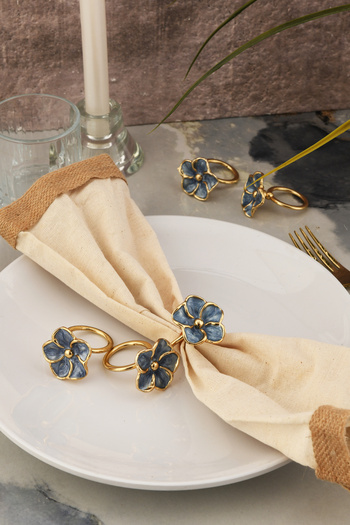 TR Turan Collection Flower 6-Piece Gold Luxury Napkin Ring, Navy Blue Mother of Pearl Enamel Napkin Ring