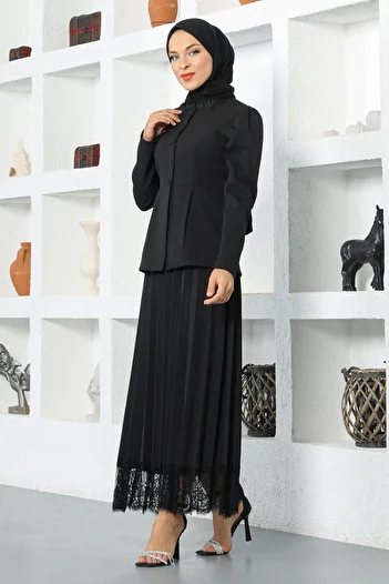 Modamihram Lace Detailed Skirt Suit Black 17100