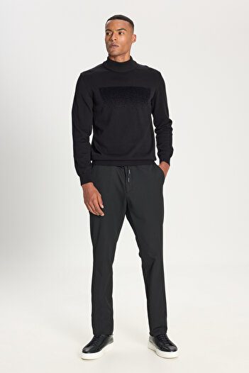 ALTINYILDIZ CLASSICS Men's Black 100% Cotton Standard Fit Regular Cut Half Turtleneck Printed Knitwear Sweater