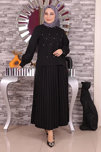 Modamihram Pearl and Stone Detailed Suit Black 19135