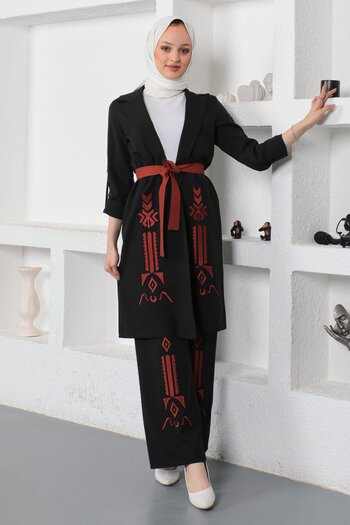 Modamihram Embroidery Detailed Set Black 19002