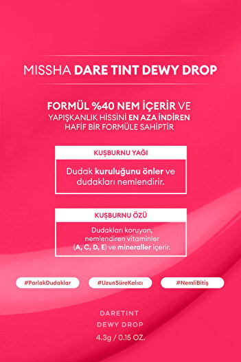 Missha Uzun Süre Kalıcı, Nemli Bitiş Sunan Parlak Tint Dare Tint Dewy Drop (Pink Pebble)
