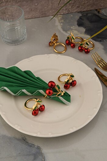 TR Turan Collection Cherry 6-Piece Gold Luxury Napkin Ring, Red Enameled Napkin Ring