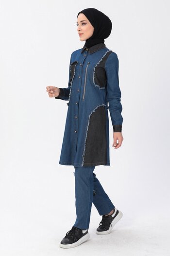 Modamihram Zips Detailed Hijab Denim Combination Dark Denim 10074