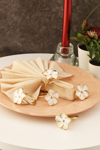 TR Turan Collection Flower 6-Piece Gold Luxury Napkin Ring, White Enameled Napkin Ring