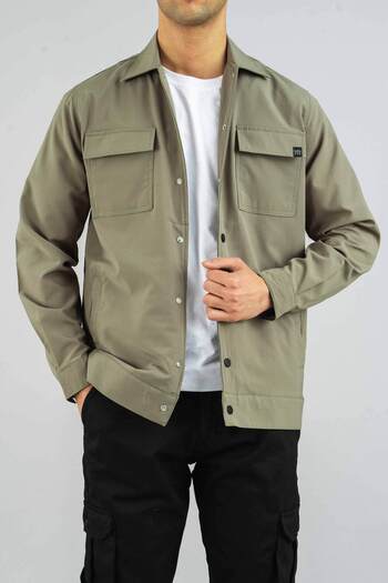 bombe Men's Shirt Khaki Parachute Fabric Relaxed Fit Seasonal Snap Closure Flap Side Pocket Coat