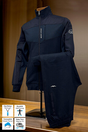 BESSA Ανδρικό σετ εποχιακής φόρμας Navy Blue Βαμβακερό ύφασμα με 2 κλωστές με τσέπες με φερμουάρ Αθλητικό κοστούμι