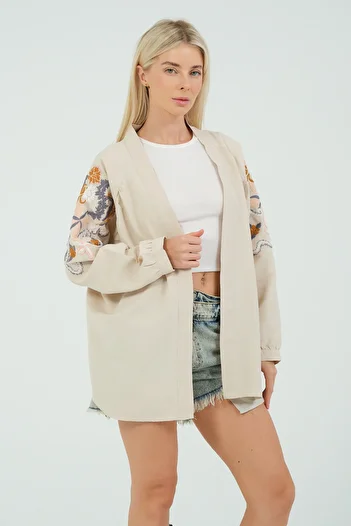 Moda Palmiss Women's Beige Embroidered Linen Kimono