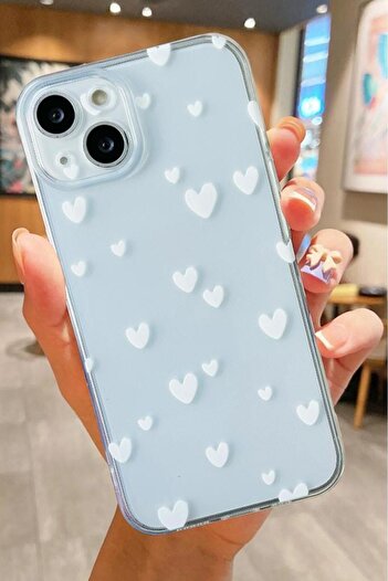 3GEN CASE iPhone 14 Plus Compatible White Little Hearts Patterned Transparent Silicone Case