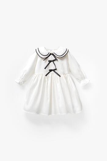 Magu Girl's White Baby Collar Bow Patterned Dress