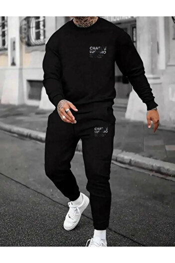 zunop Ανδρικό σετ φόρμας μαύρου Charlie Luciano με στάμπα oversize