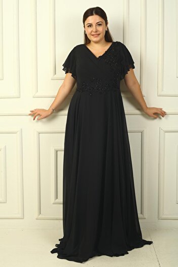 By Saygı V-Neck Bead Embroidered Draped Long Chiffon Dress - Plus Size Lined
