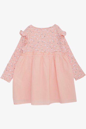 Breeze 2-6 Years Girl Pink Long Sleeve Floral Print Dress with Buttons and Ruffles on the Shoulder