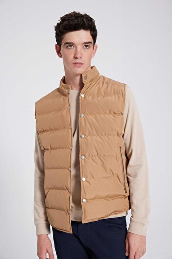 Twn Slim Fit Camel Απλό Γιλέκο Παλτό