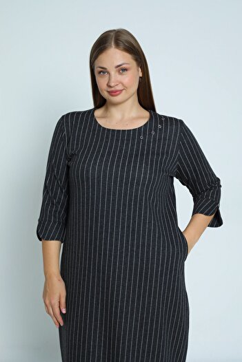 İntensive Women's Line Print Button Detail Plus Size Three Quarter Sleeve Lycra Dress